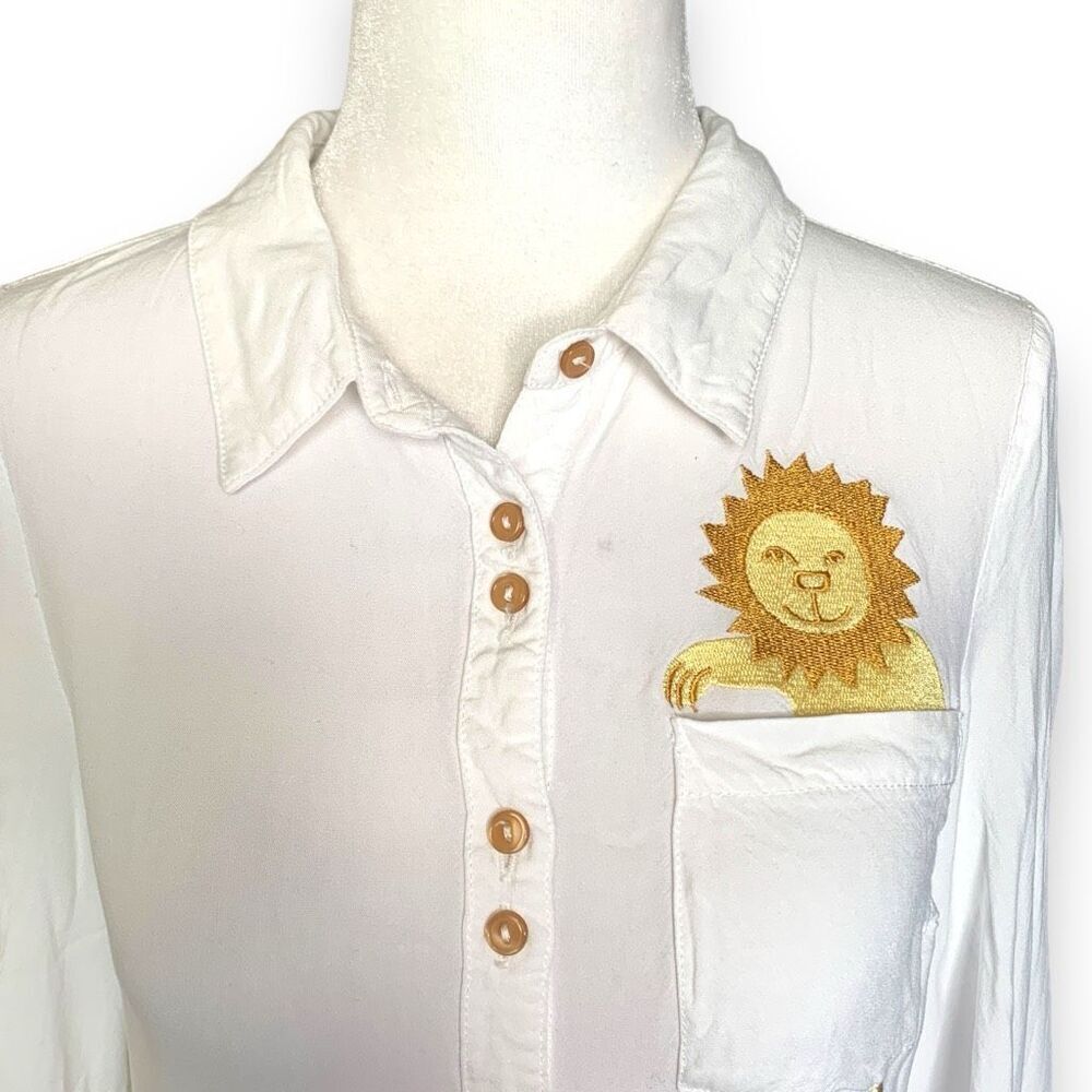 White Button-Front Women's Shirt with Gold Lion Embroidered Pocket
